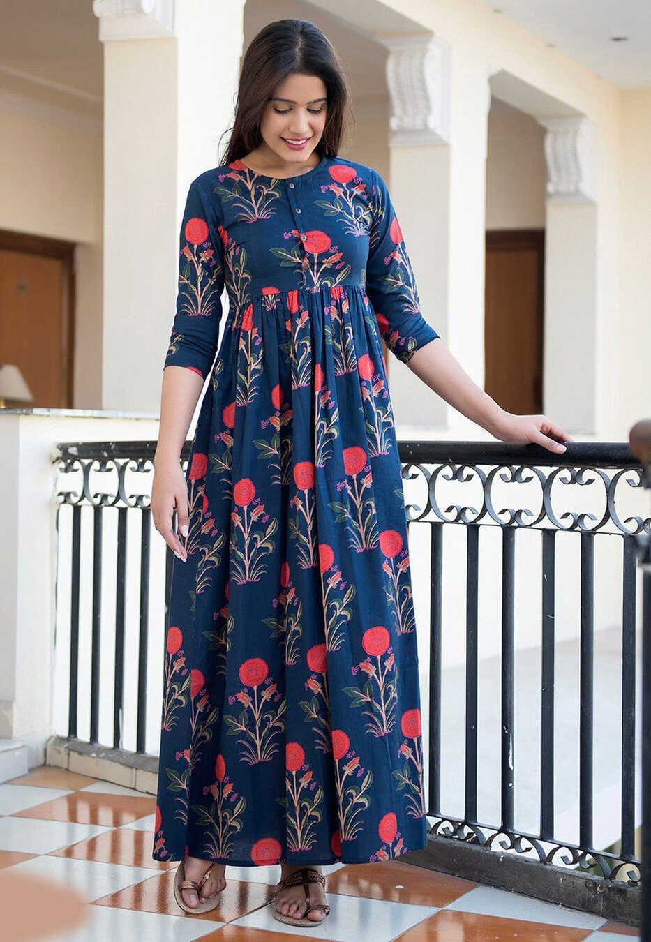 Buy Printed Muslin Cotton Maxi Dress in Teal Blue Online : TKL128 ...