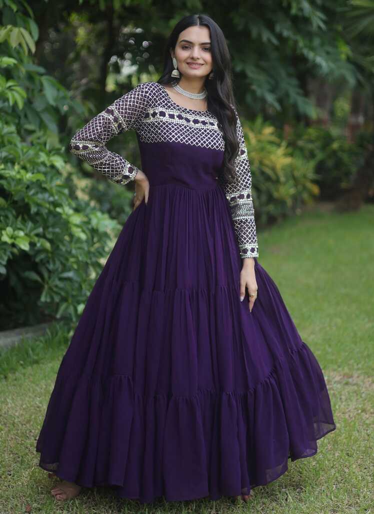 Buy Purple Faux Georgette Embroidered, Sequins and Zari Work ...