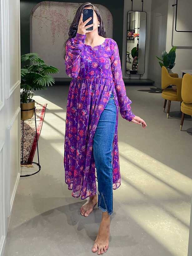 Buy Purple Floral Printed Georgette Naira Cut Casual Kurti From ...