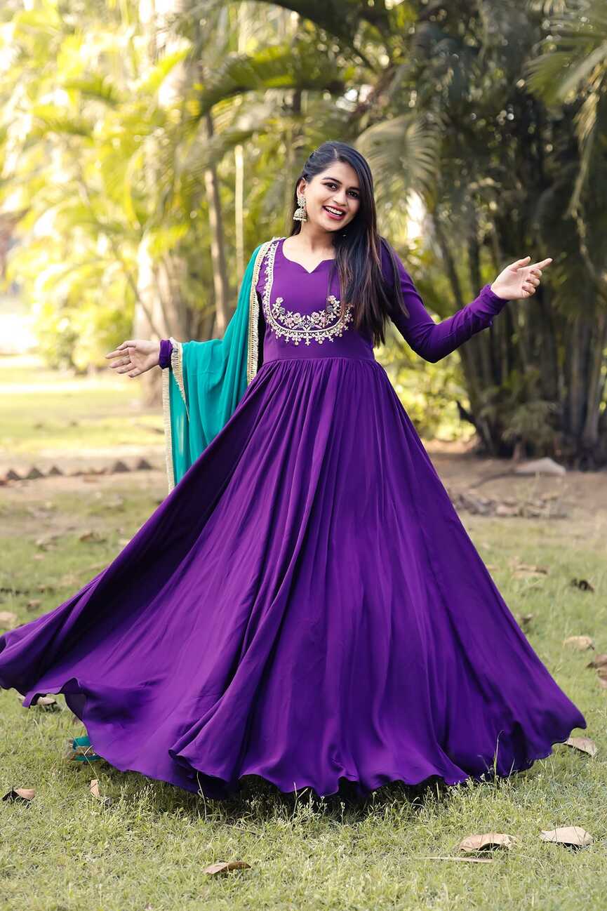 Buy Purple Lash Long Dress Online dupatta | Bullion Knot