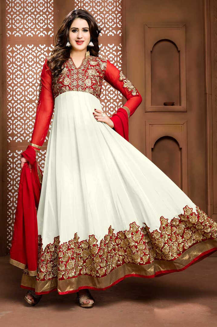 Buy Red And White Georgette Anarkali Churidar Suit With Dupatta ...