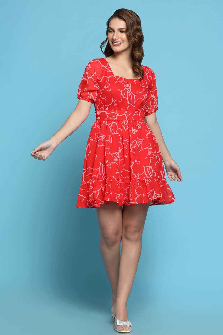 Buy Red Cotton Printed Party Wear Short Dress