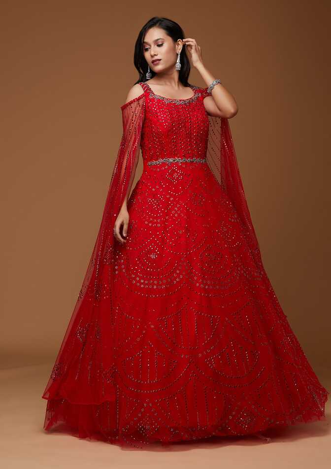 Buy Red Stonework Net Designer Gown - Koskii