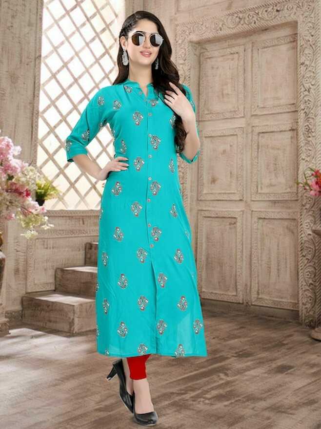 Buy RibNee Stylish Plain Cut Kurti with Button (Sky Blue) Online ...