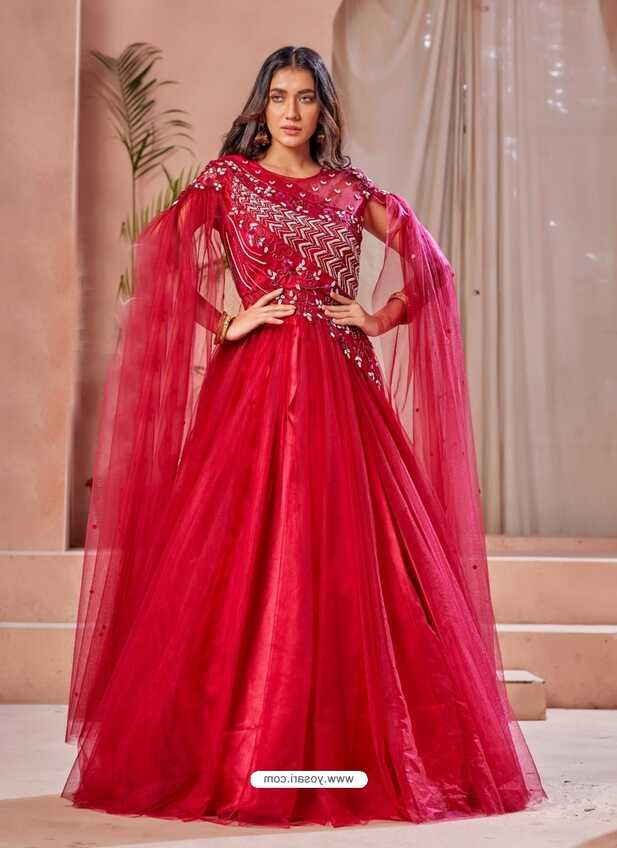 Buy Rose Red Readymade Fancy Designer Party Wear Net Gown | Gowns