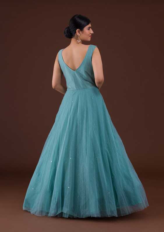 Buy Sea Green Mirrorwork Net Gown - Koskii