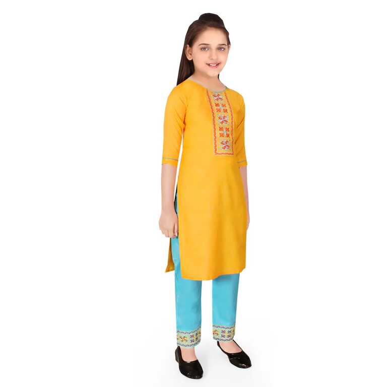 Buy Sevgi Girl&#39;s Embroidered Kurti and Trouser Set (Yellow 13-14 ...