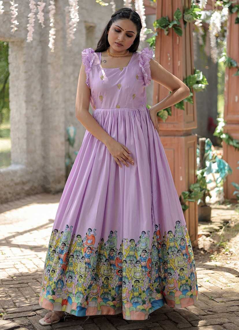 Buy Silk Printed Purple Gown Online