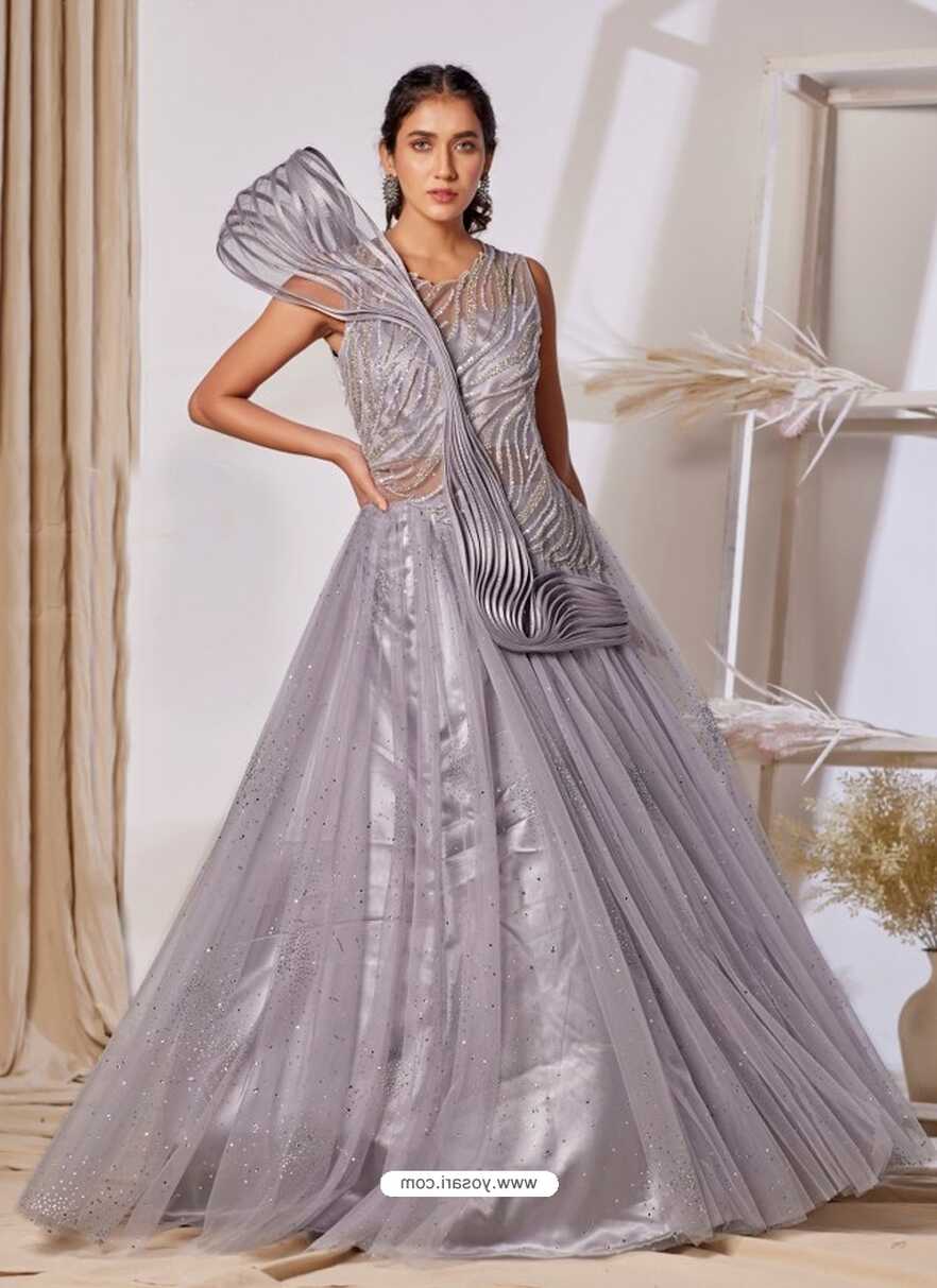 Buy Silver Readymade Fancy Designer Party Wear Net Gown | Gowns