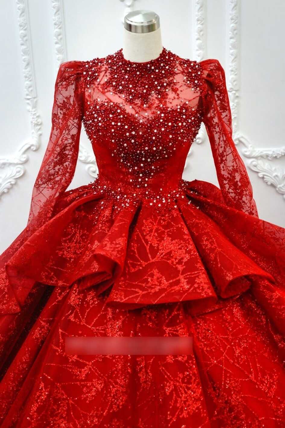 Buy Stunning Red Beaded Princess Wedding Dress With Long Sleeves ...