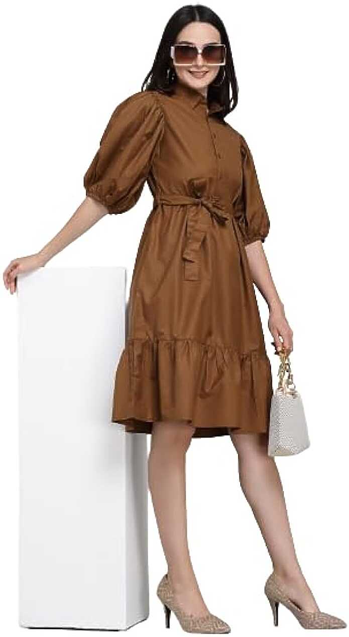 Buy Style Quotient Women Solid Brown Polycotton Smart Casual Dress ...