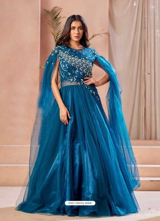 Buy Teal Blue Readymade Fancy Designer Party Wear Net Gown | Gowns