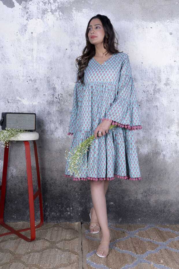 Buy Teal Booti Printed Mini Dress For Women - Maitri Jaipur