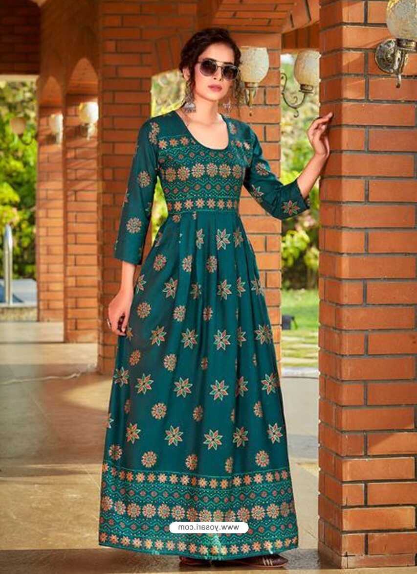 Buy Teal Readymade Latest Long Gown Kurti | Cotton Kurtis