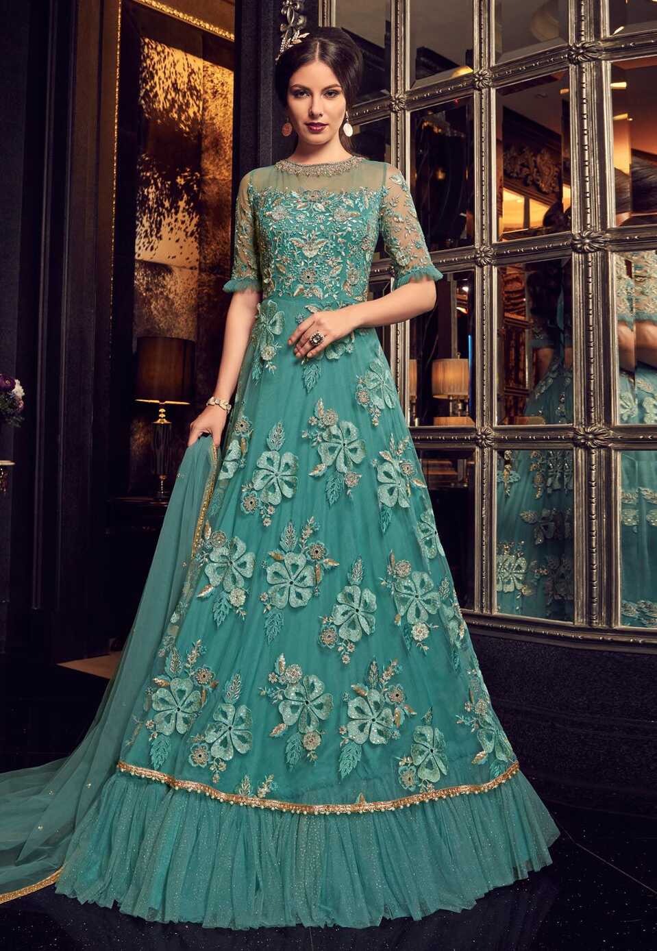 Buy Teal color Net gown style Indian wedding anarkali in UK, USA ...