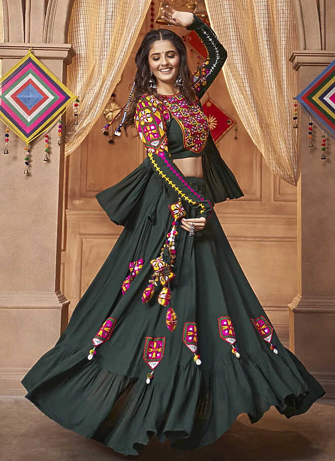 Buy Traditional Navratri Lehenga | Green Embroidered Navratri ...