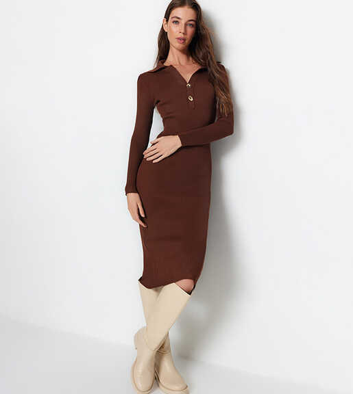 Buy Trendyol Knitted Long Sleeves Slit Bodycon Dress In Brown ...