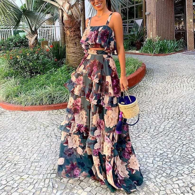 Buy Two Piece Dress for Women Floral Printed Sexy Summer Strap ...