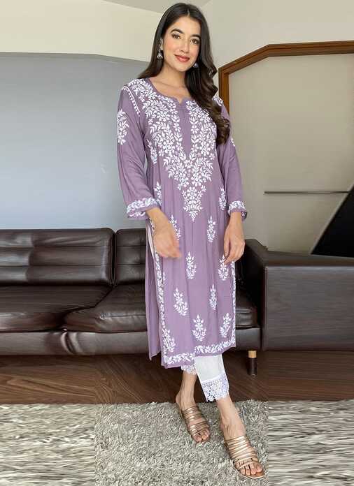 Buy Violet Blended Cotton Chikankari Knee Length Kurti After Six ...