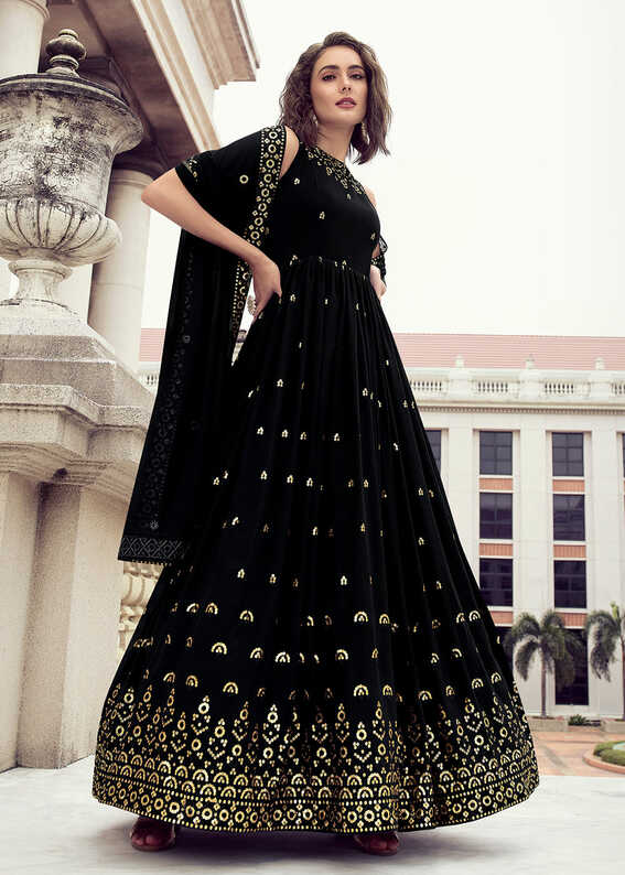 Buy Wedding Party Gown - Glam Black Georgette Thread &amp; Sequins ...