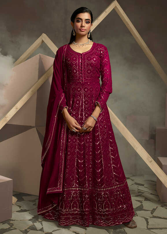 Buy Wedding Party Gown - Rani Pink Lucknowi Style Embroidered Gown ...