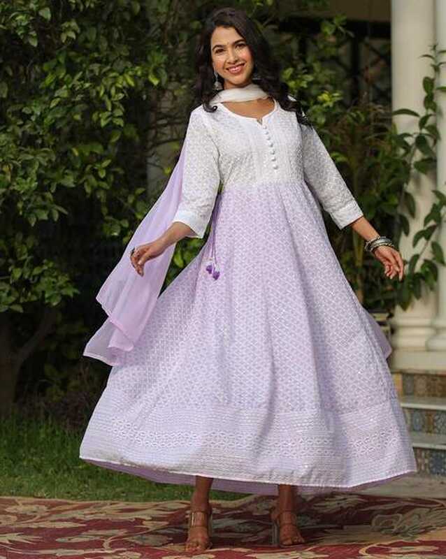 Buy White &amp; Lavender Kurta-Dupatta Set for Women by Scakhi Online ...