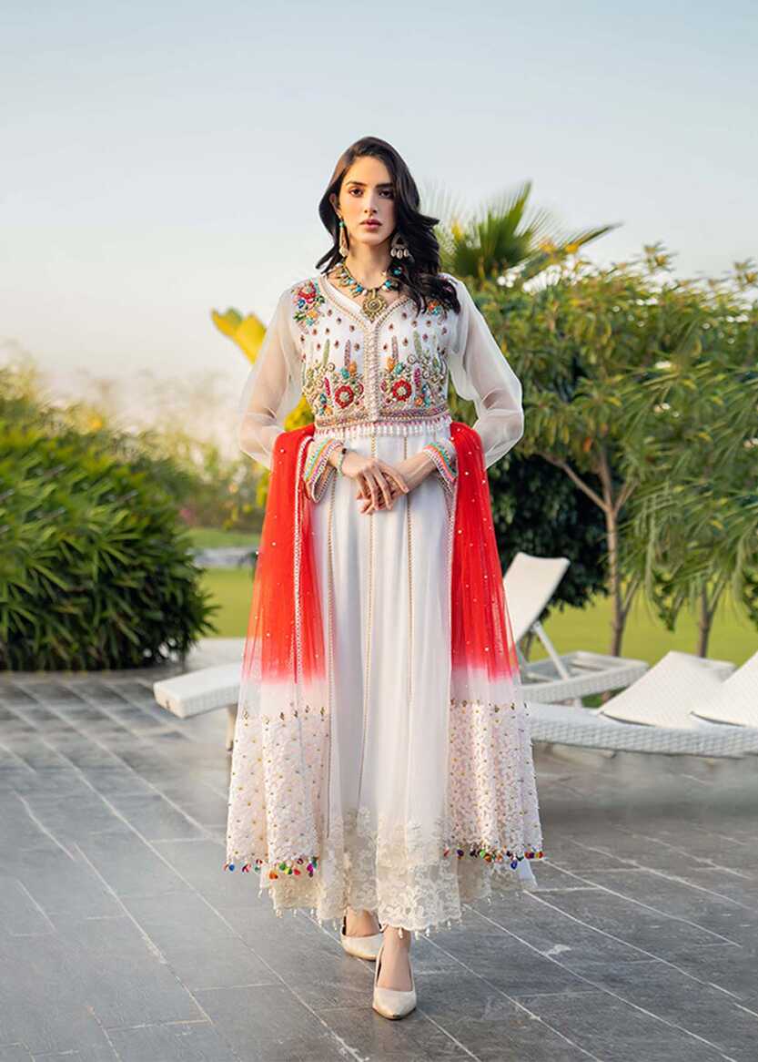 Buy White Anarkali Dress with Red Dupatta Online | SALWAR MAHAL