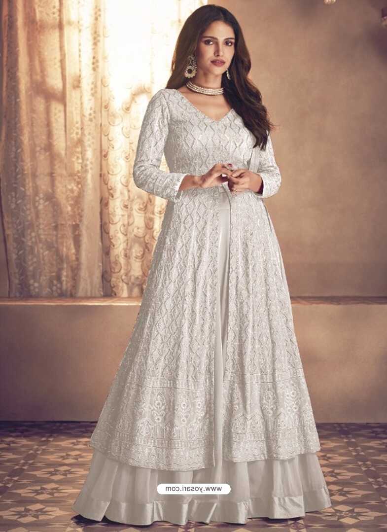 Buy White Designer Party Wear Heavy Faux Georgette Anarkali Suit ...