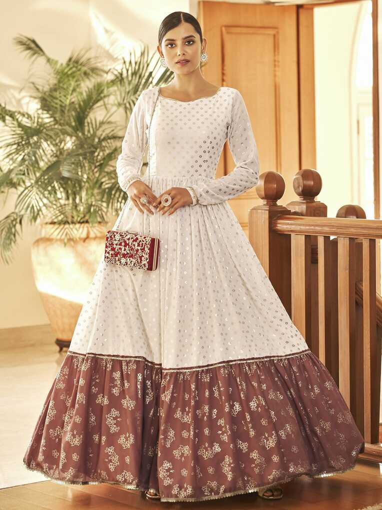 Buy White Foil Work Georgette Party Anarkali Gown from Ethnic Plus