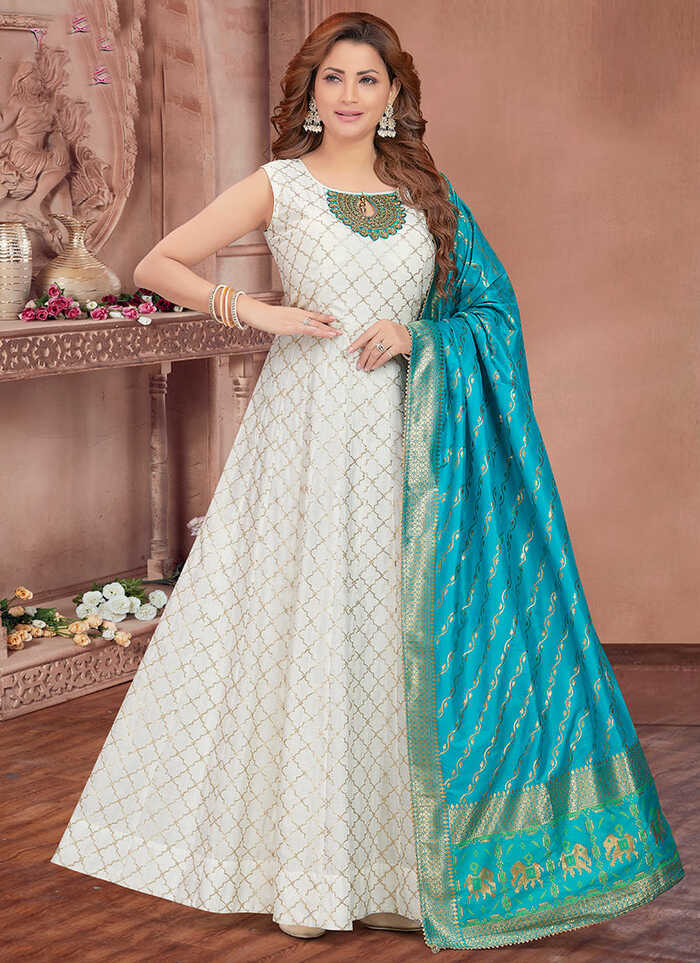 Buy White Silk Sequins Anarkali Gown Party Wear Online at Best ...