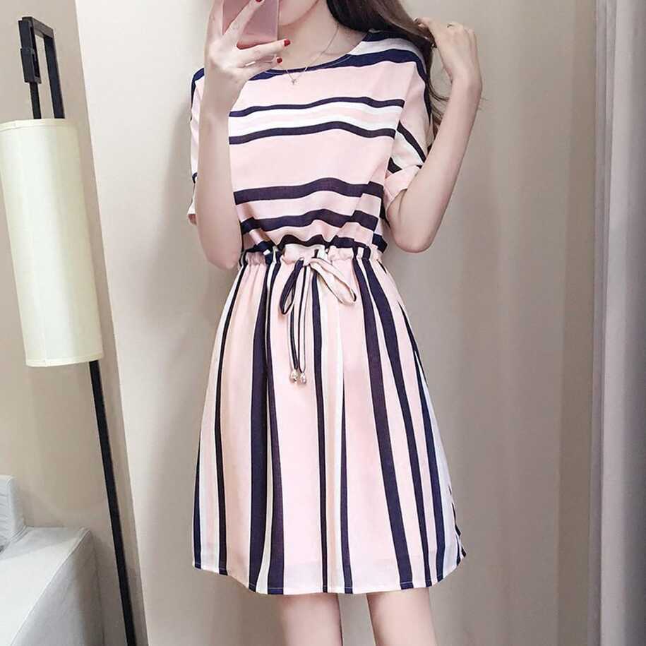 Buy Women&#39;s Casual Stripe Print O-Neck Knee Length Short Sleeve ...