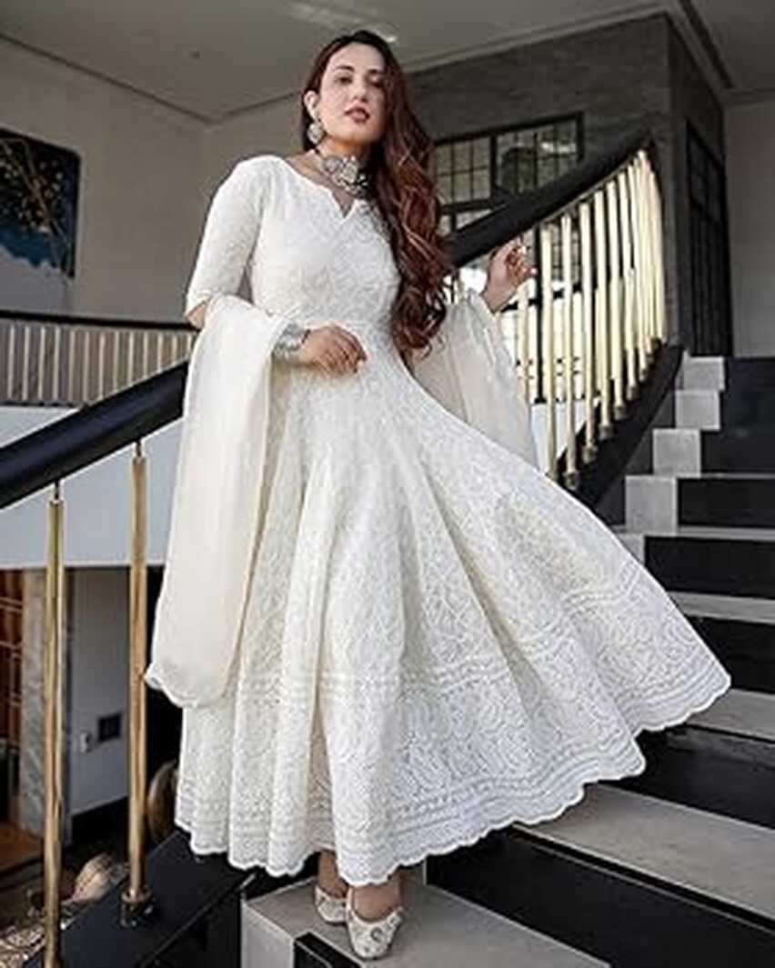 Buy Women&#39;s Cotton Anarkali White Color Chikankari Suit with ...