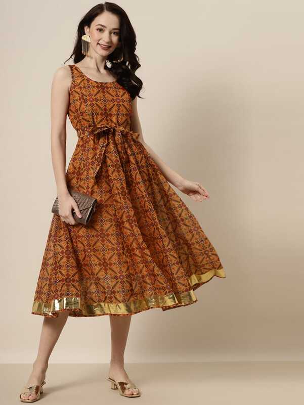 Buy Women Mustard Patola Sleeveless Anarkali Dress Online at Sassafras