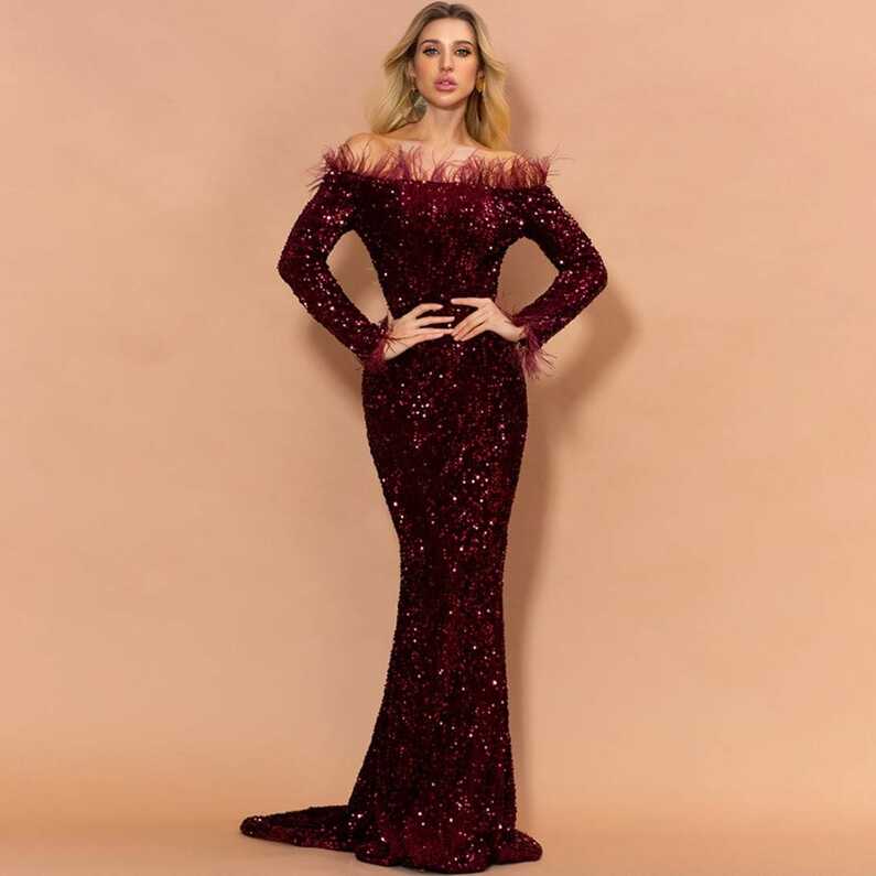 Buy Women Off Shoulder Feather Long Sleeve Floor Length ...