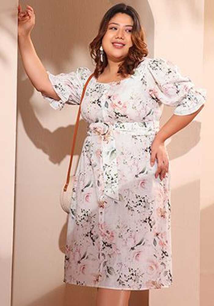 Buy Women Plus Size White Floral Print Midi Dress With Belt ...