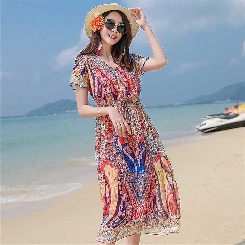 Buy Womens Beach Wear Dress Women Short Sleeves V Neck Floral ...