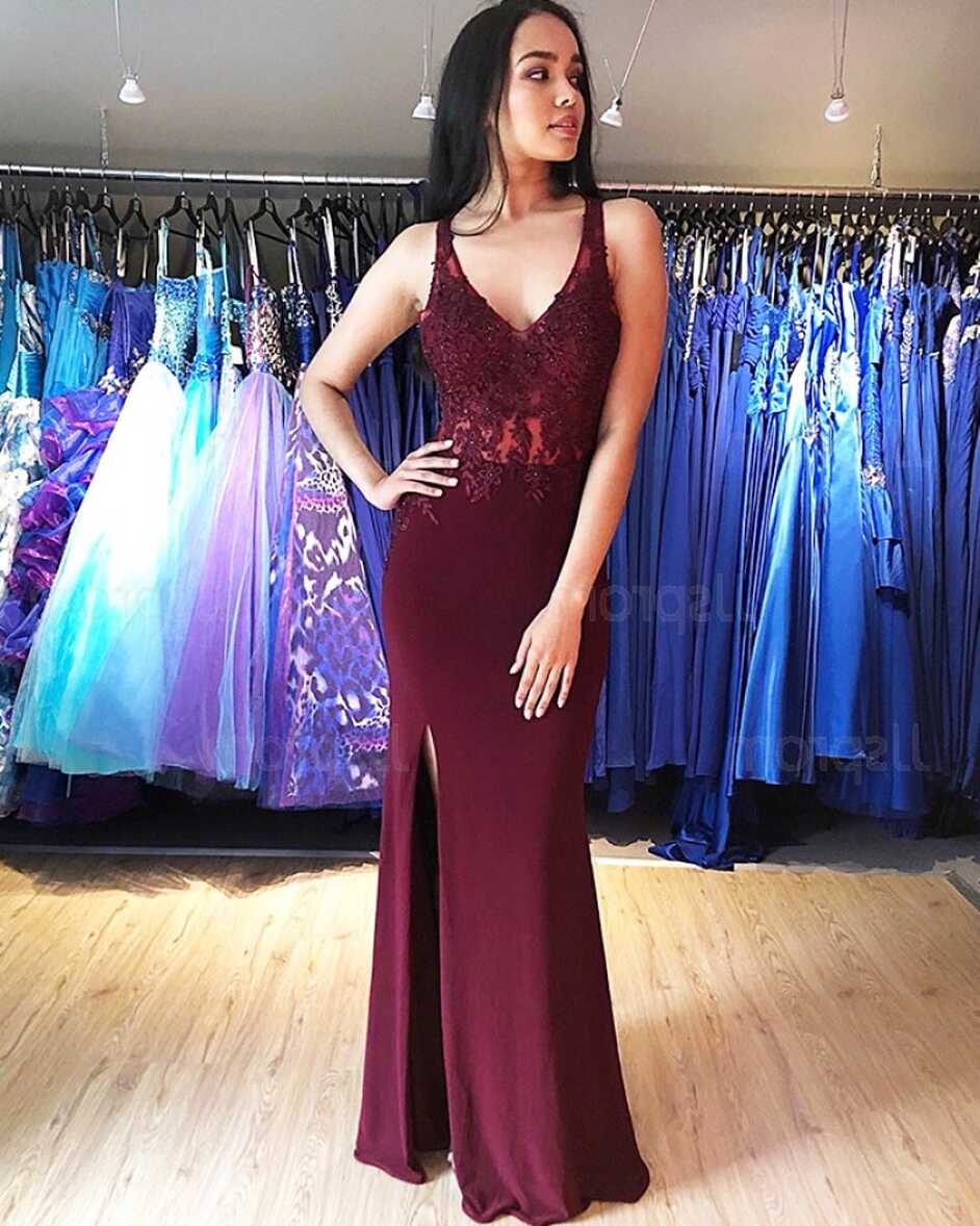 Buy burgundy v-neck lace bodice mermaid prom dress with side slit ...