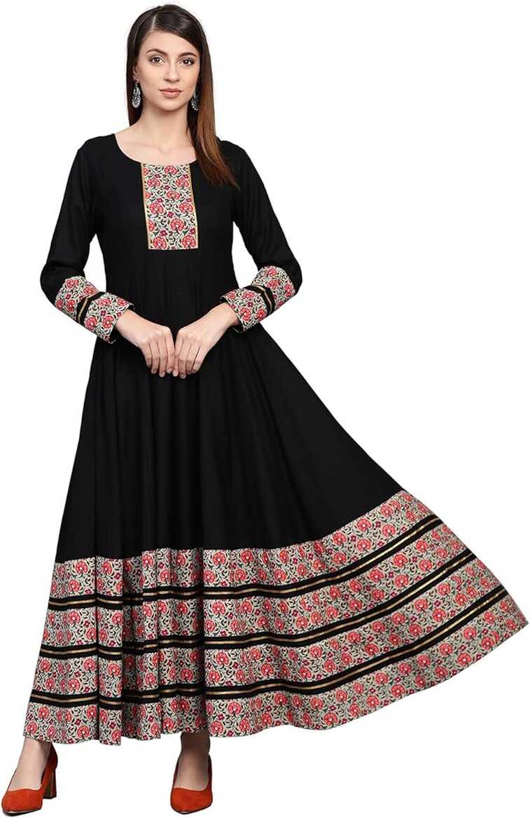 Buy idaLia Black Anarkali Dress with Printed Borders at Amazon.in