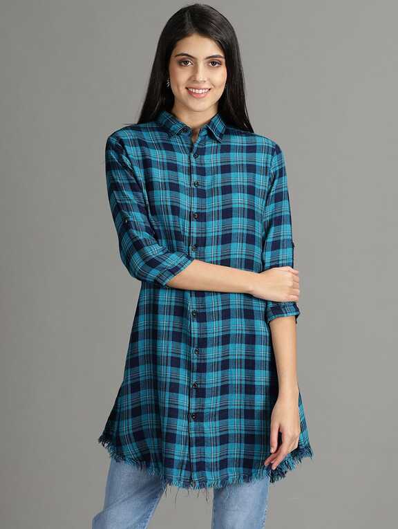 Buy online Curved Hem Checkered Long Shirt from western wear for ...