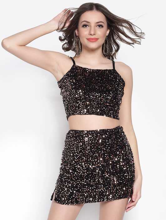 Buy online Embellished Crop Top With Skirt Set from western wear ...