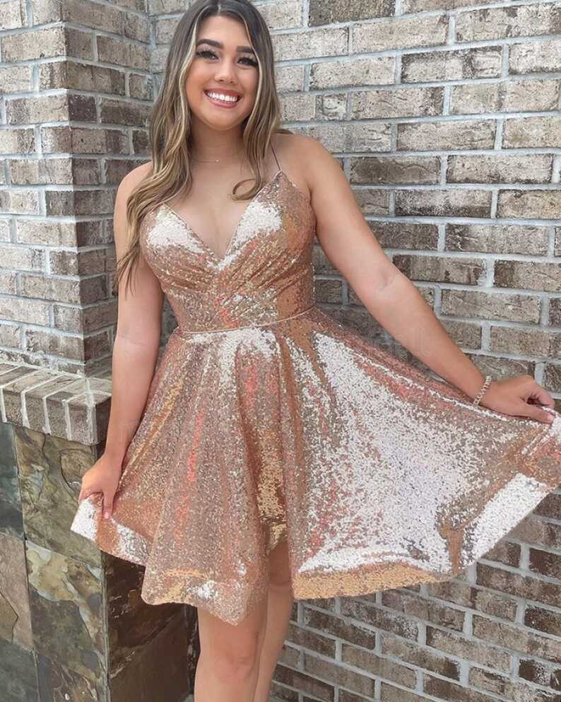 Buy rose gold spaghetti straps sequin ruched a-line short ...