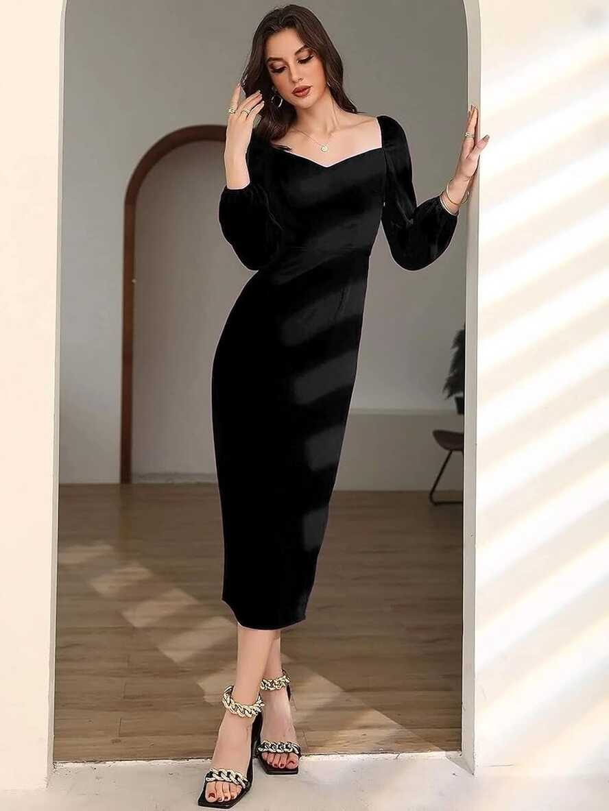 Buy rosery paris Midi Bodycon Bishop puff Sleeve One piece dresses ...