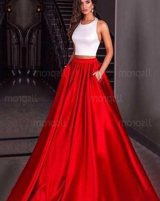 Buy simple white &amp; red satin halter two piece prom dress with ...