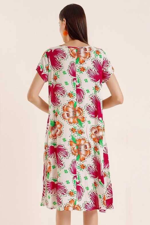 By Saygı Short Sleeve Floral Patterned Midi Dress Ecru - Trendyol