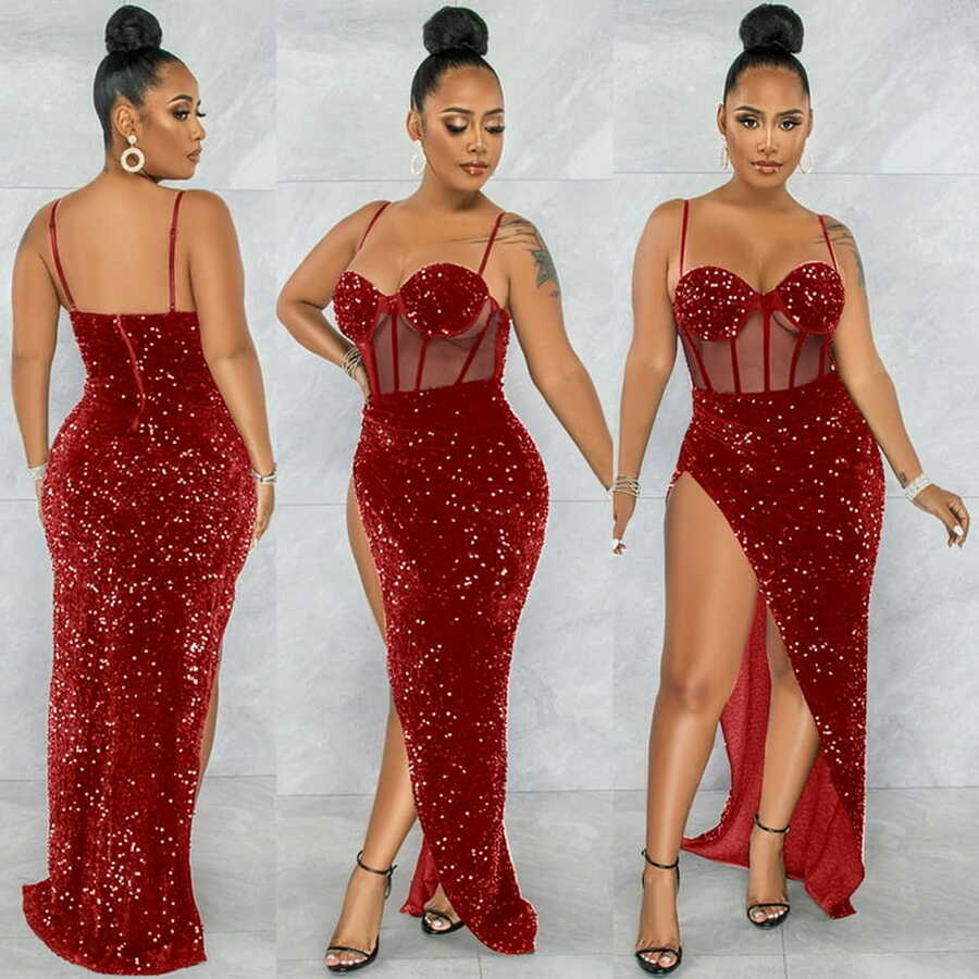 CAICJ98 Elegant Sequin Mesh Long Party Dress for Women 2023, Red ...