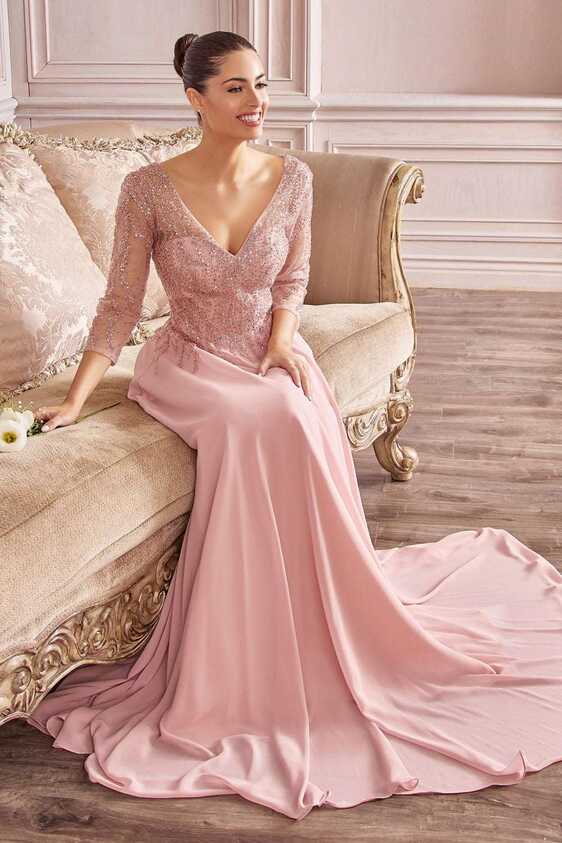 CD CD0171 - Flowy Chiffon A-Line Formal Gown with Sheer Sleeves ...