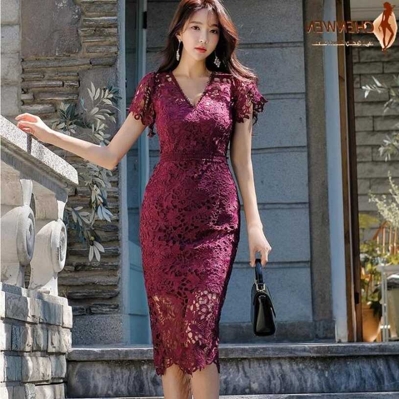 CHENWEN Elegant V-neck Hollow-out Floral Lace Women Dress Sheath ...