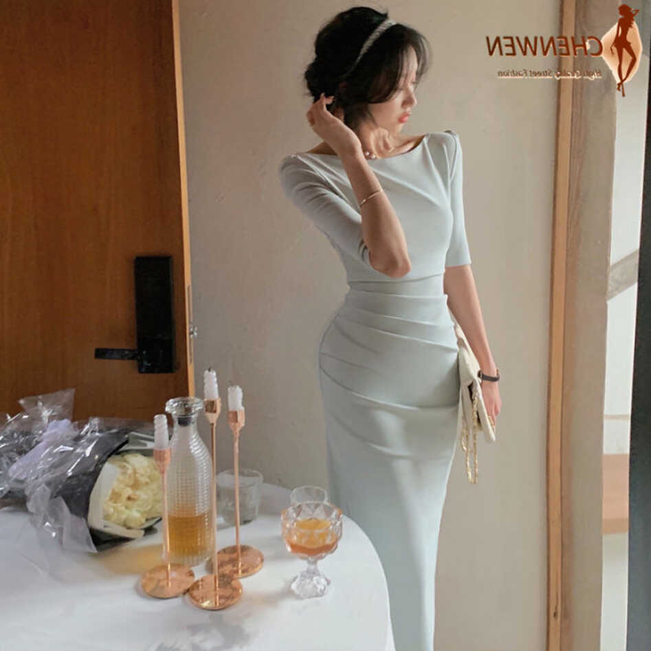 CHENWEN Simple Dress For Women Elegant Midi Bodycon Dress Office ...