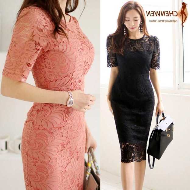 CHENWEN Women 2023 Summer Black Lace Office Dress Korean Short ...