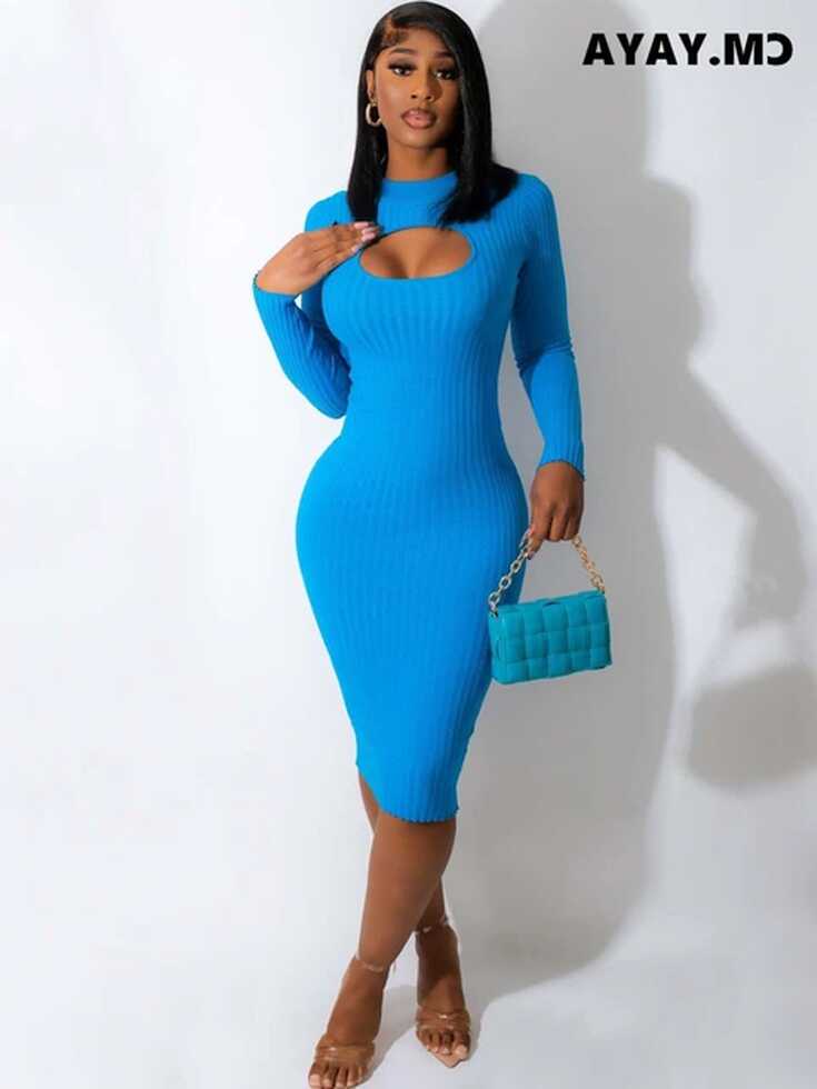 CM.YAYA INS Ribbed Knit Long Sleeve Cutout Front Bodycon Midi ...